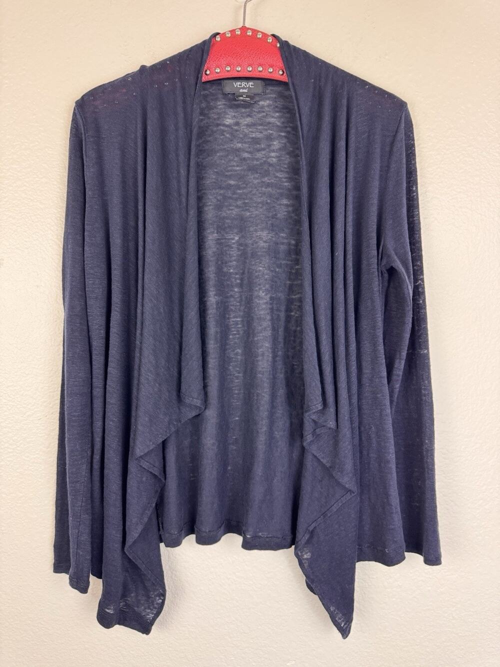 VERVE ami Linen Knit Open Front Draped Waterfall Lightweight Cardigan Navy M